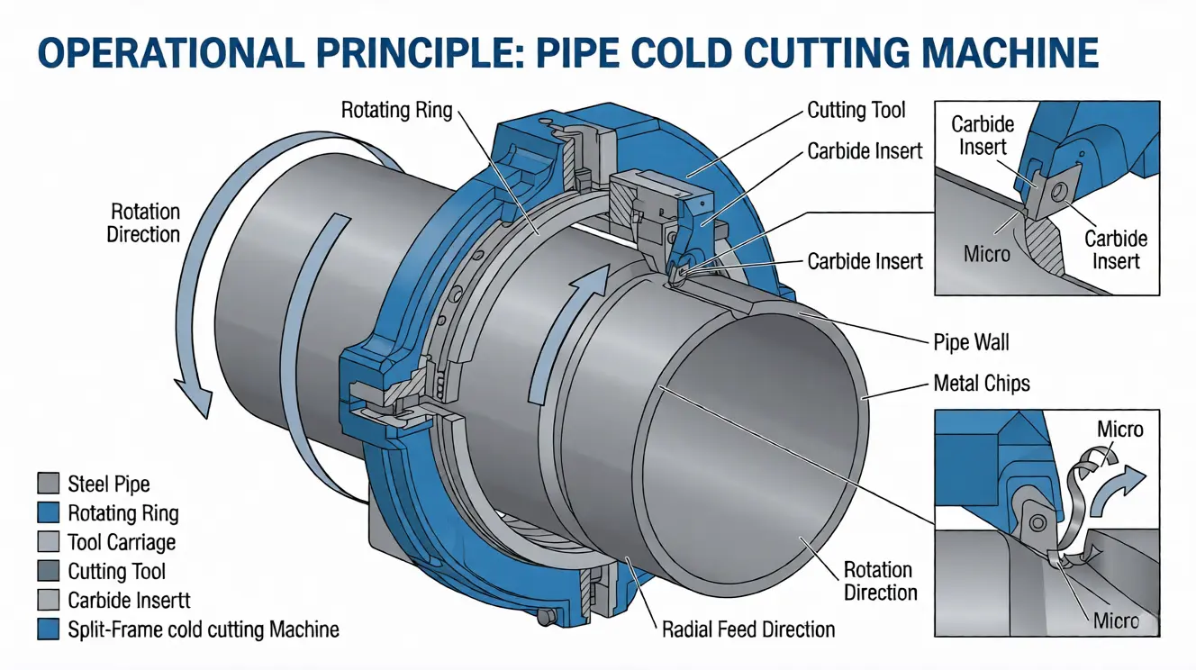 Clamshell split frame pipe cold cutting machine mounted on steel pipe in refinery — two-piece design wraps around installed pipe