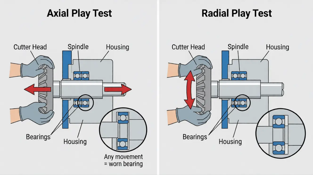 Diagram showing how to check spindle bearing play: axial test (push-pull along shaft) and radial test (rock side-to-side), with arrows indicating direction of force