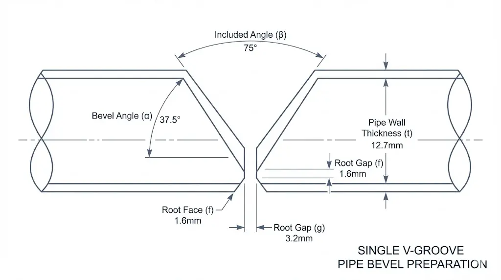 Anatomy of a pipe bevel — detailed diagram showing bevel angle, included angle, root face, root gap, and wall thickness