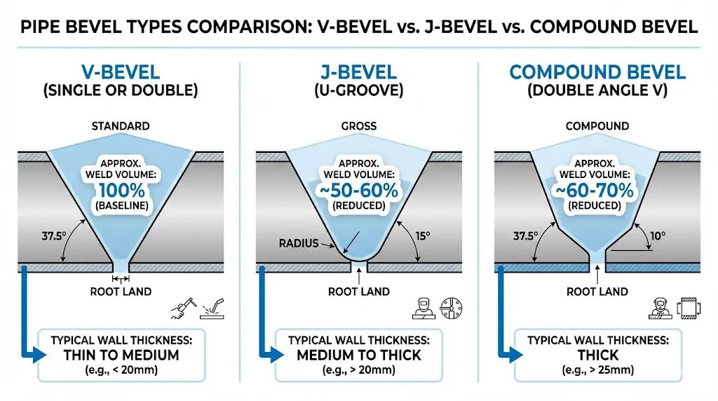 Comparison of V-Bevel, J-Bevel, and Compound Bevel types showing cross-section profiles and relative filler metal volume