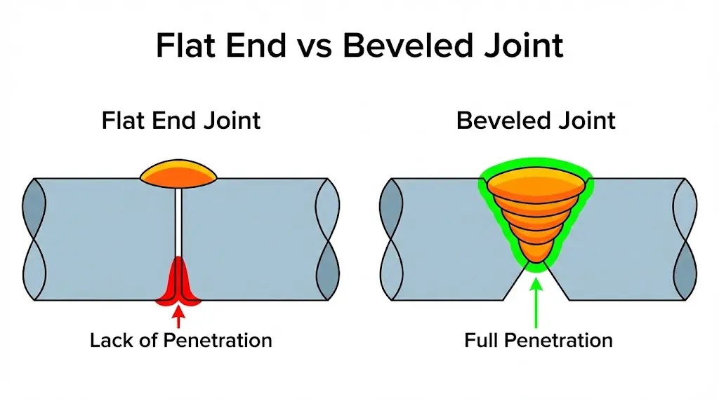 Flat end vs beveled joint comparison — flat ends show lack of penetration while beveled joints achieve full weld fusion