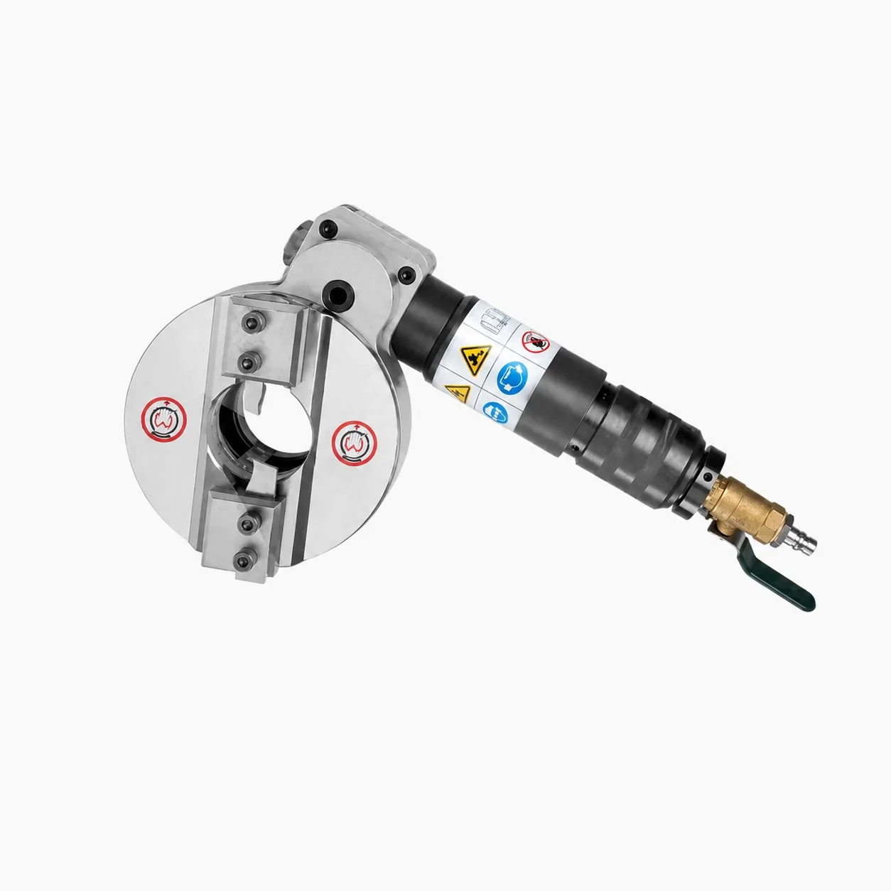 Cam-type self-centering pipe beveling machine — detail view
