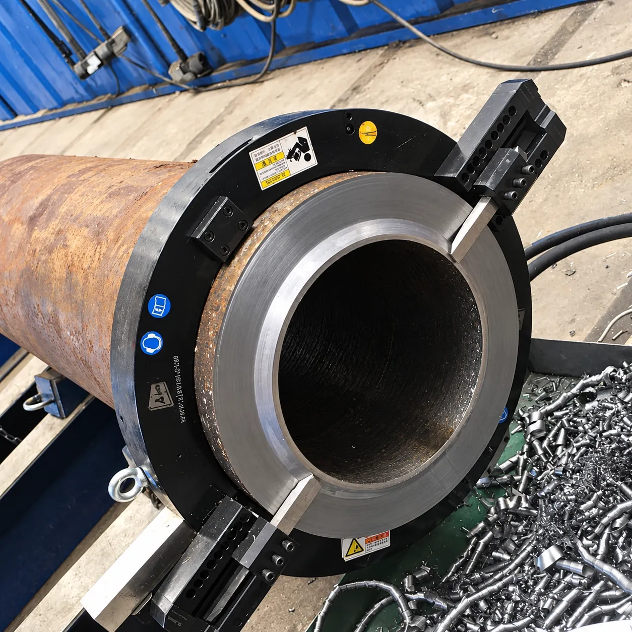 SOC chuck-type beveler clamped on a pipe end in the workshop