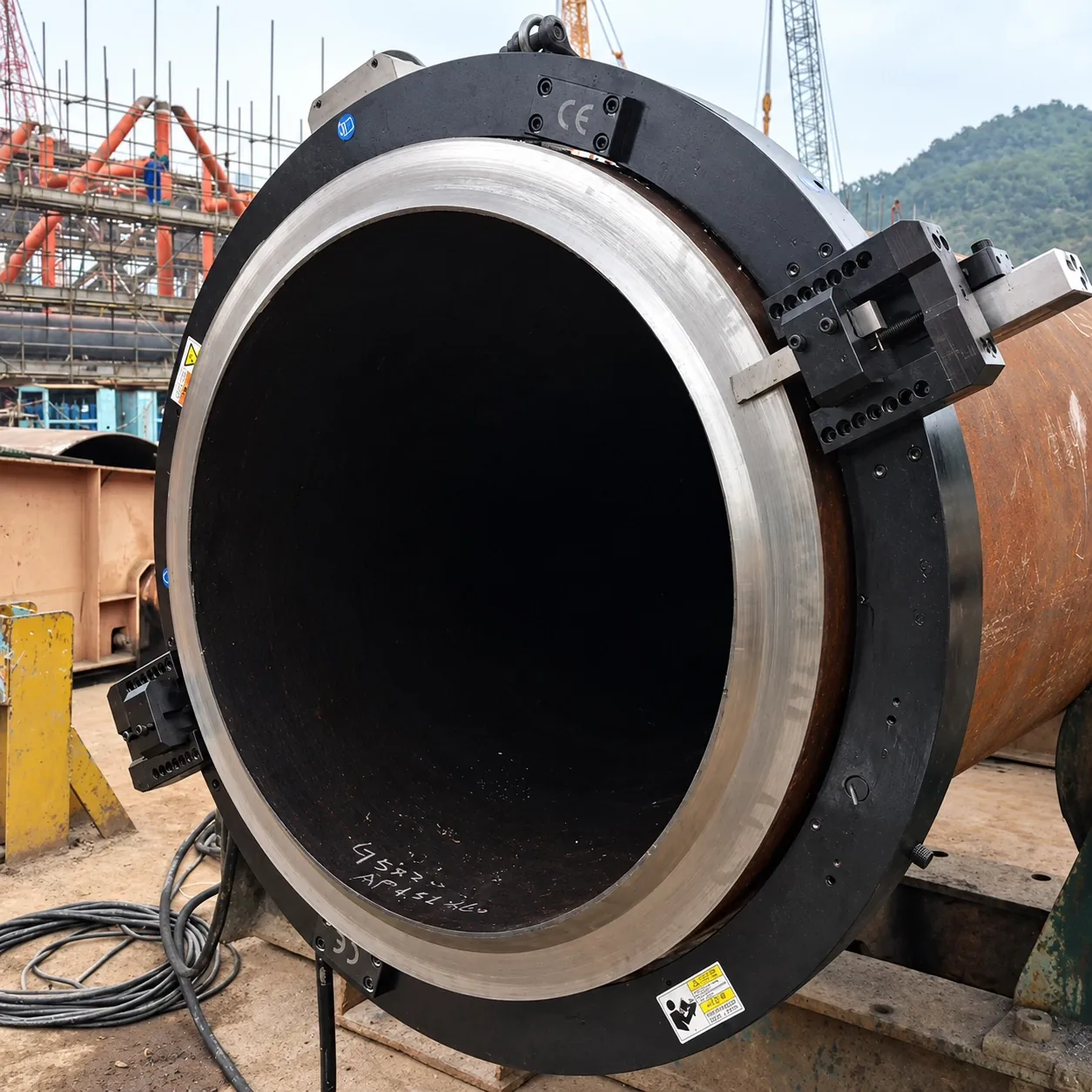 SOC chuck-type beveler machining a large-diameter pipe end on a construction site