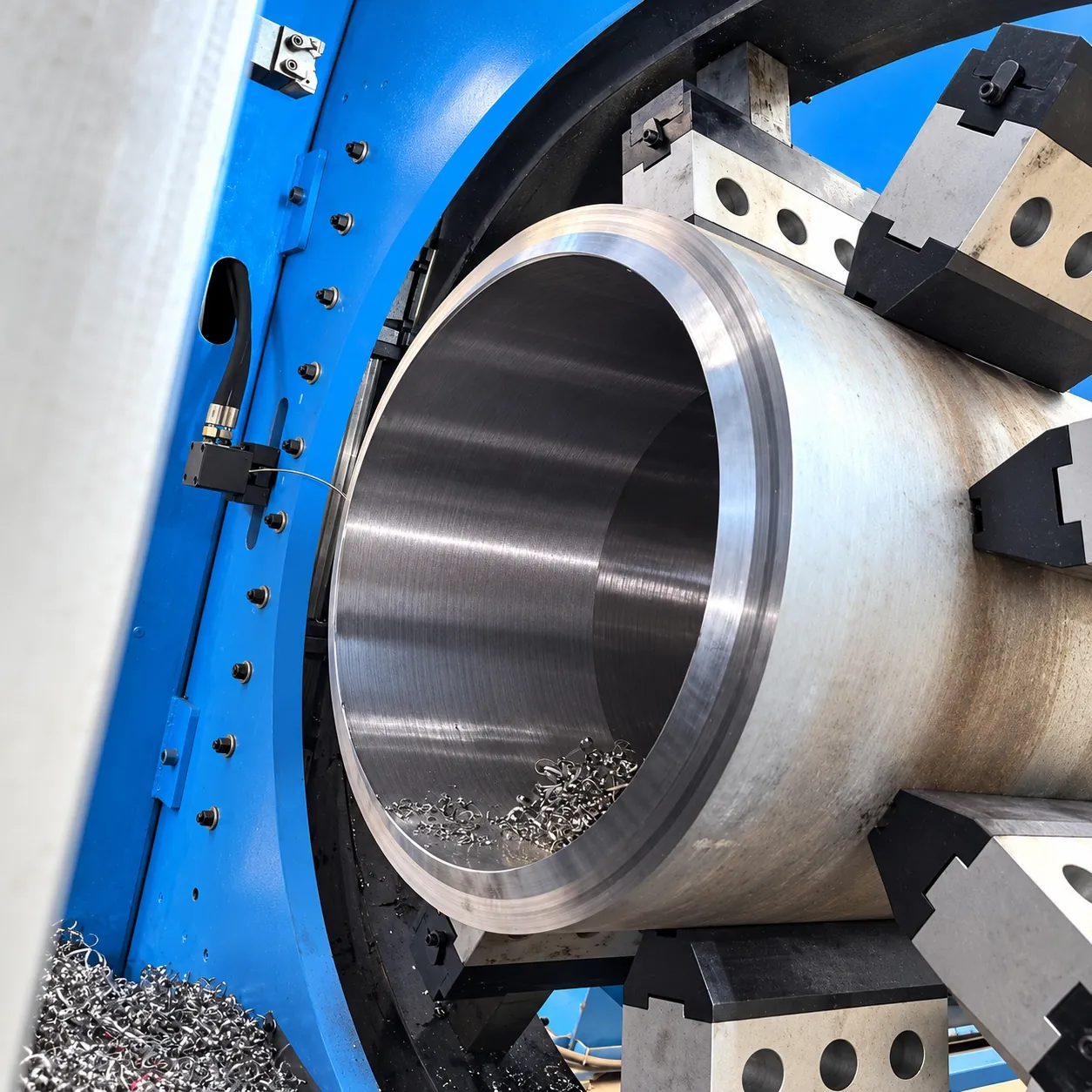 Close-up of a pipe clamped in the DCM jaws with the machined end face and bore