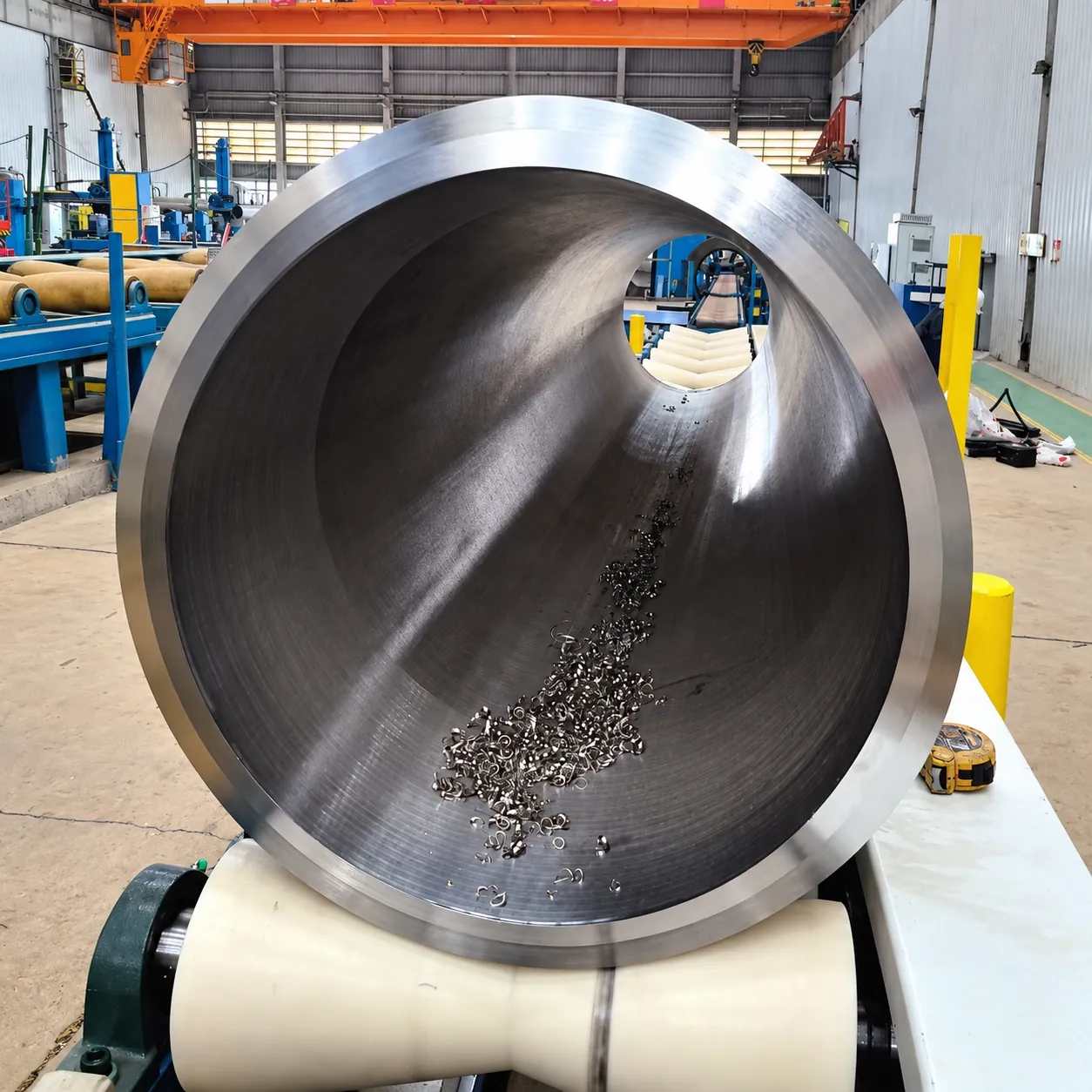Pipe end cut and machined on the DCM, resting on support rollers
