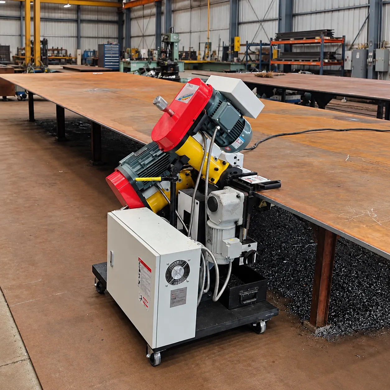 DMM-1232 double-sided edge miller positioned at the edge of a large steel plate