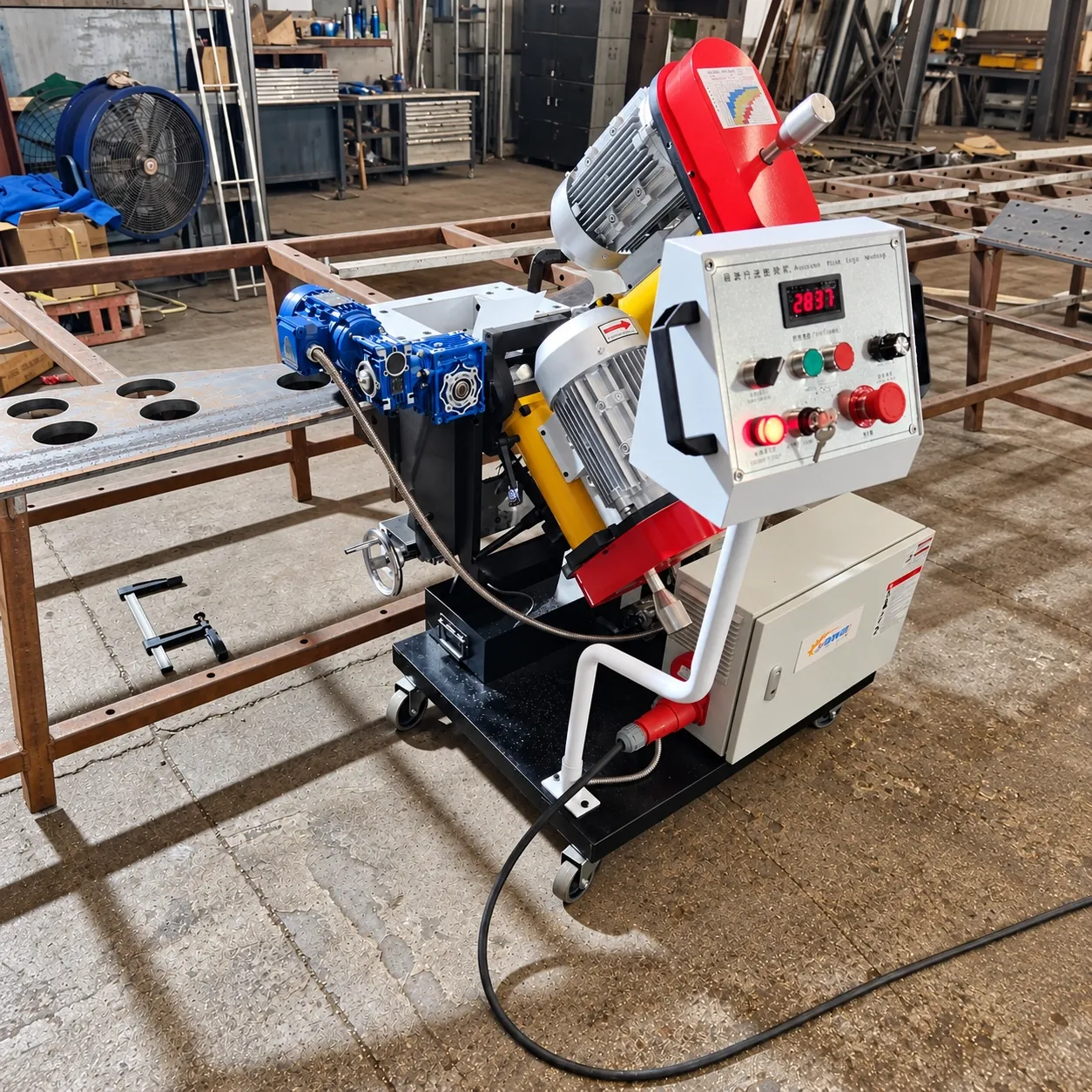 DMM-1232 double-sided edge miller with control panel, feed gearbox and twin cutting motors
