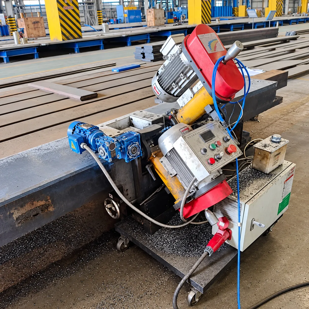 DMM-1232 milling the edge of a heavy steel plate in a fabrication shop