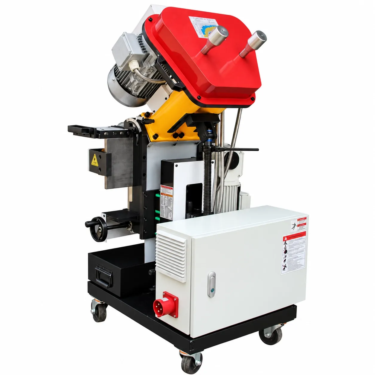 DMM-900X plate edge miller from the rear — red cutter-head cover, drive motor and electrical cabinet