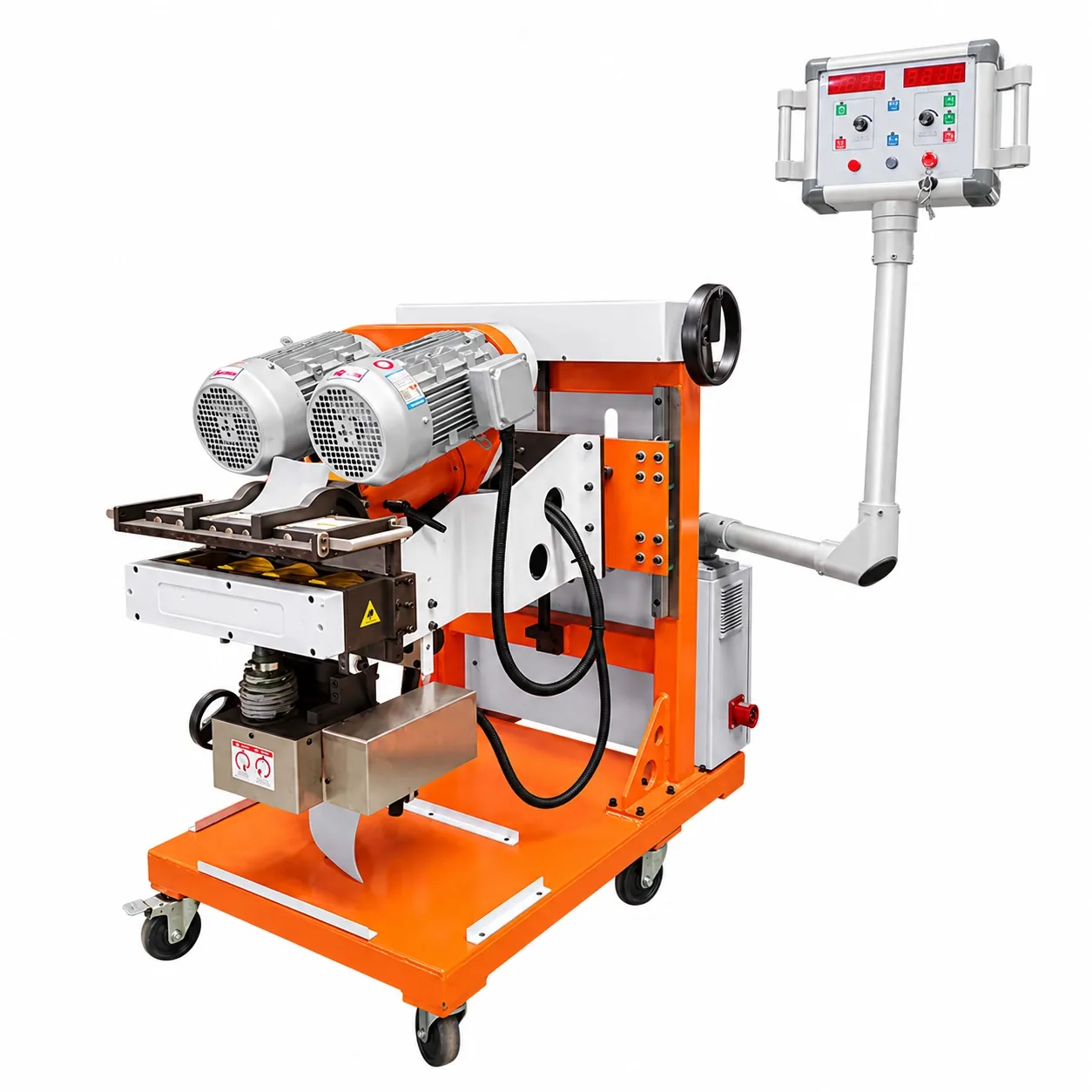 DMM-90X edge milling machine with twin cutter motors, pendant control box and orange frame