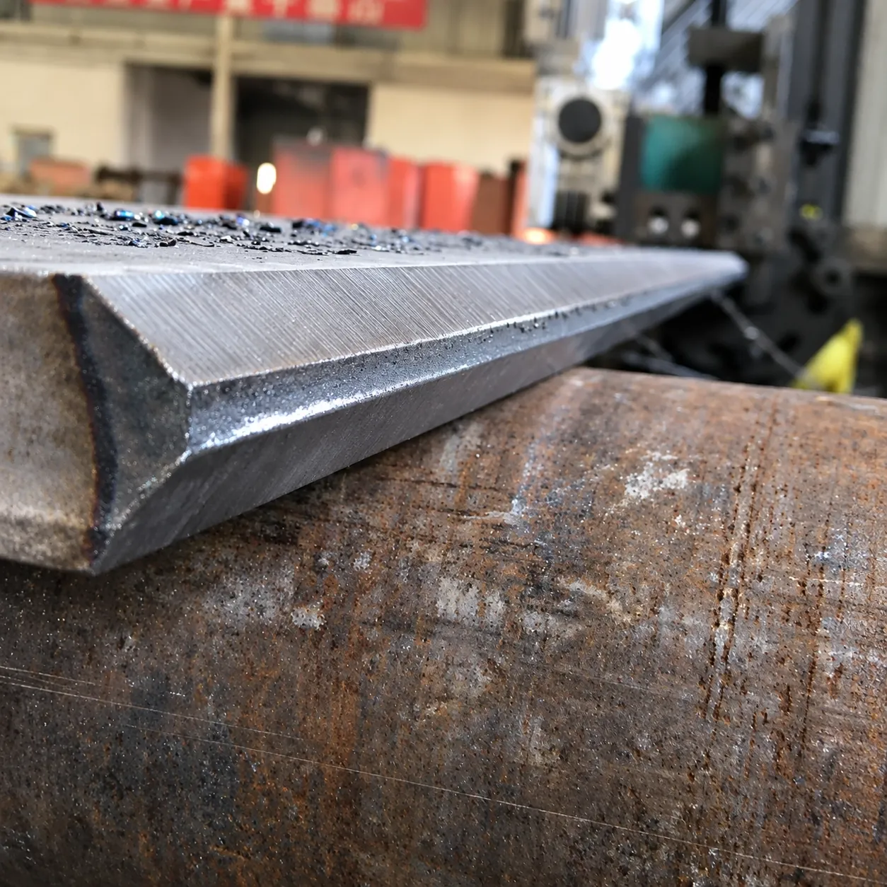 Close-up of a plate edge milled by the DMM-90X — upper and lower bevel faces with a clean cold-cut finish