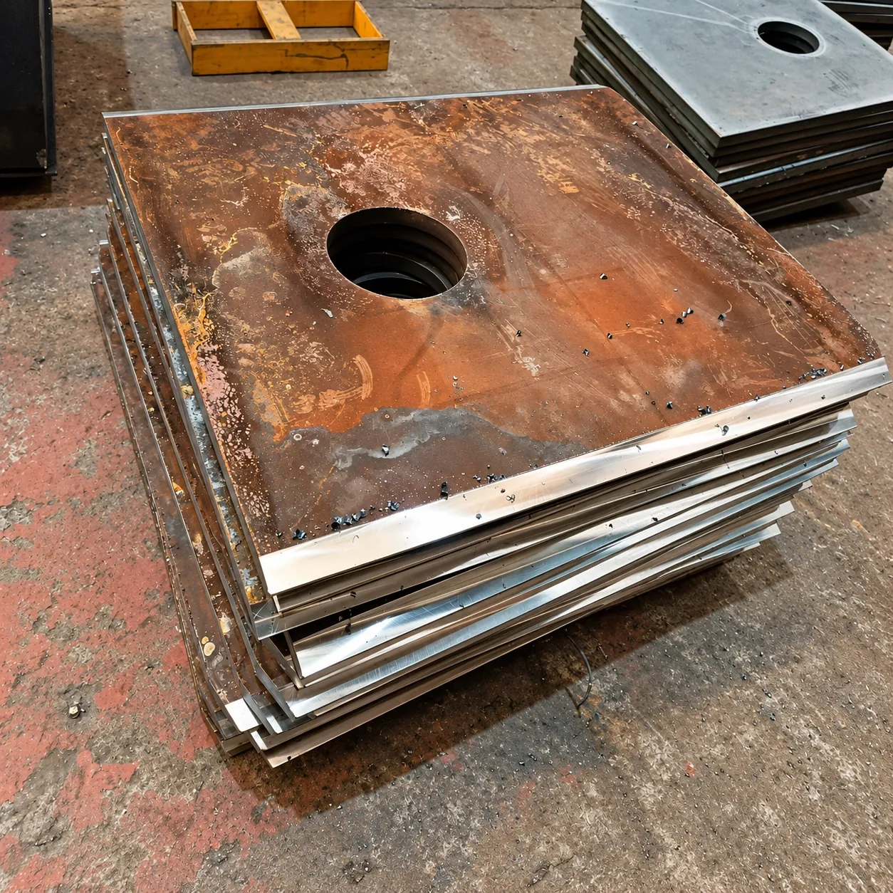 Stack of square steel plates with centre holes, all edges bevelled on the DZ