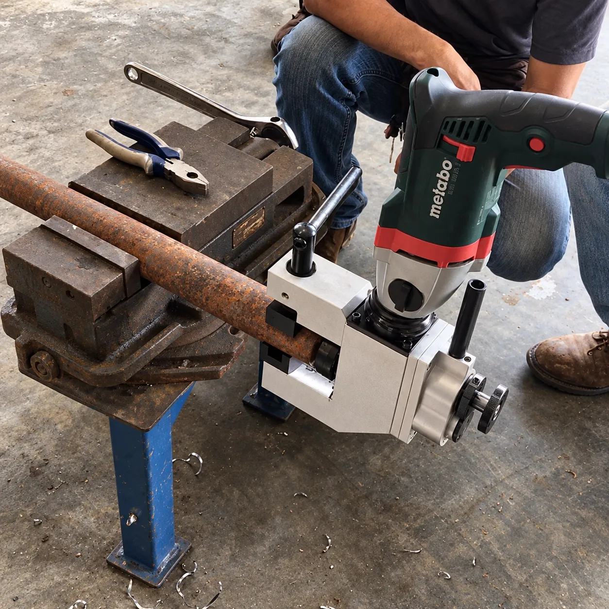 ISC external-clamping beveler bevelling a pipe end held in a bench vice, Metabo drive