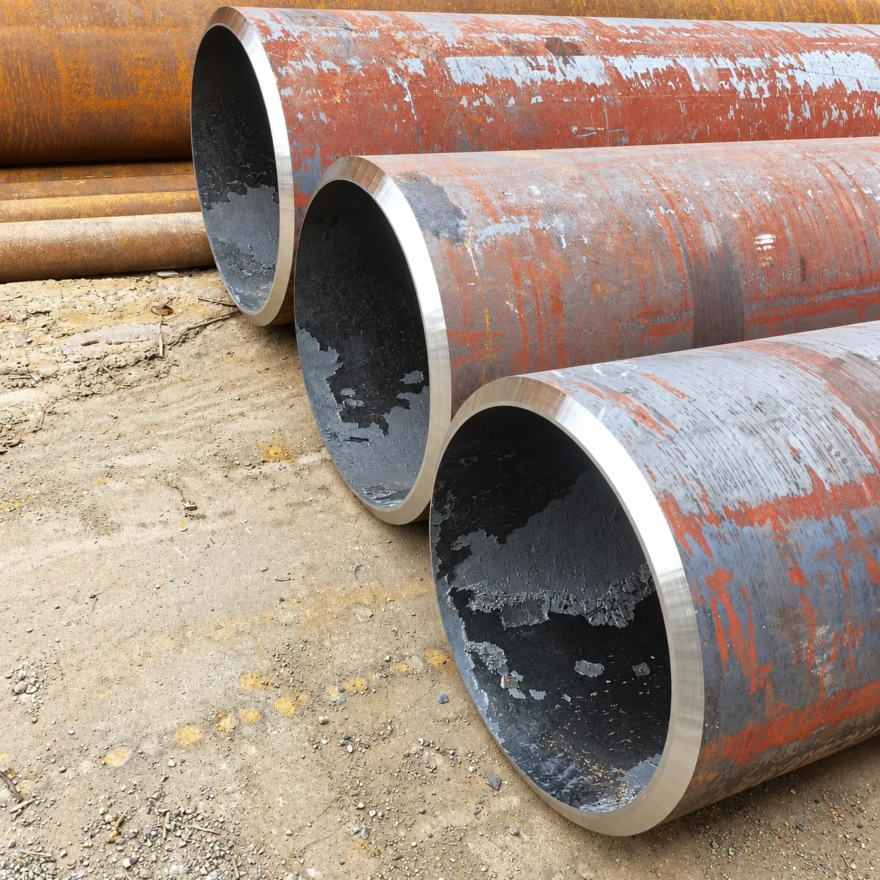 Large-diameter carbon steel pipes on site with ends bevelled by the internal-expansion beveler