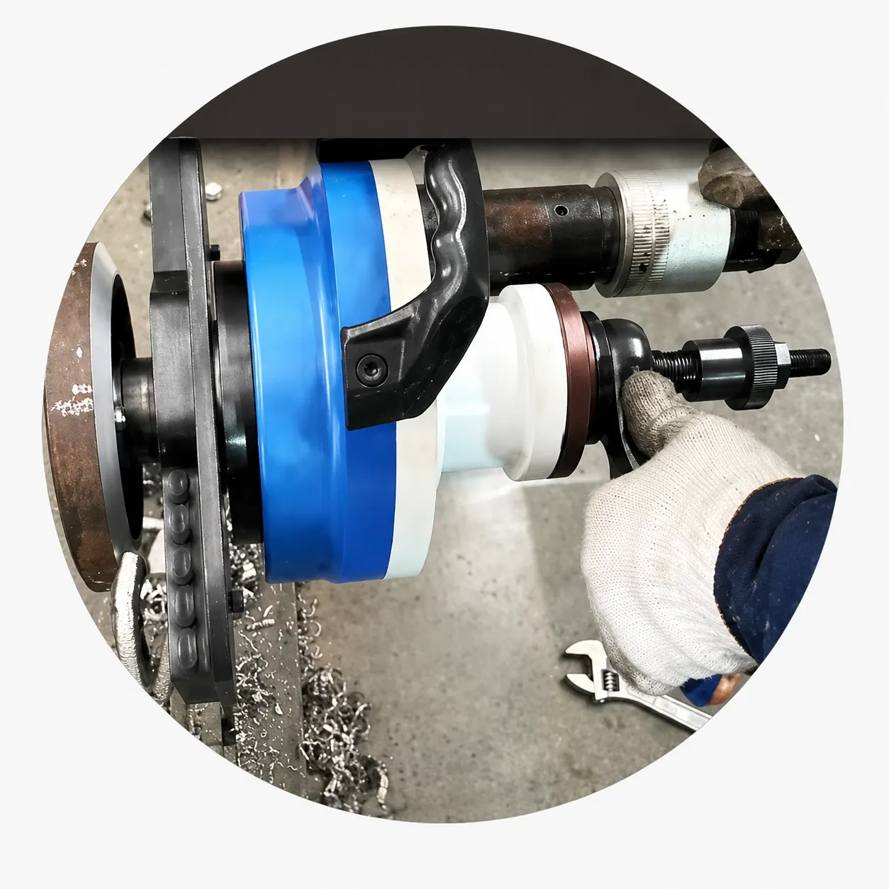 Internal-expansion beveler mounted in a pipe end on site, machining swarf visible