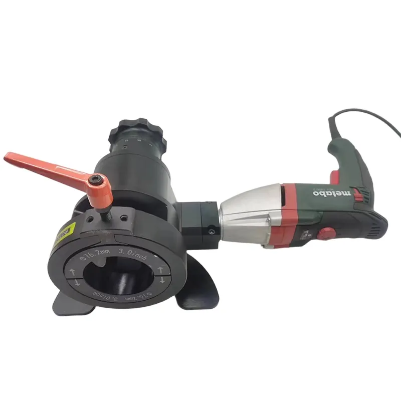 LPM electric tube facer from the front — clamping collet and facing head