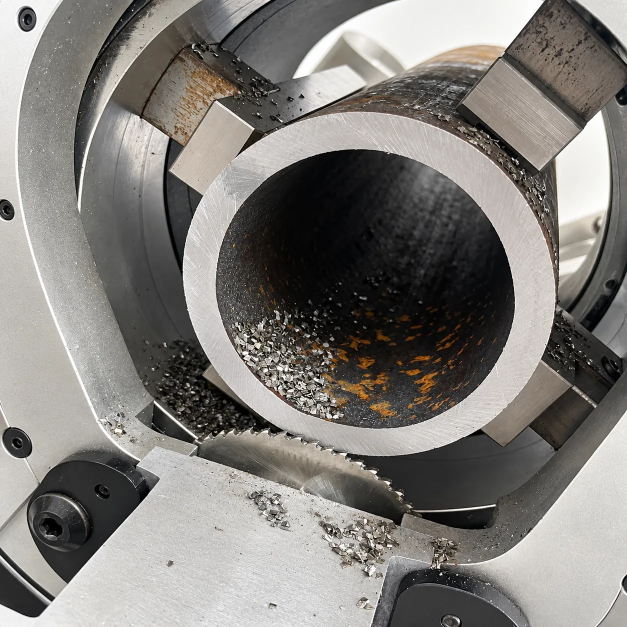 Close-up of a heavy-wall pipe clamped in the four jaws after a cold saw cut