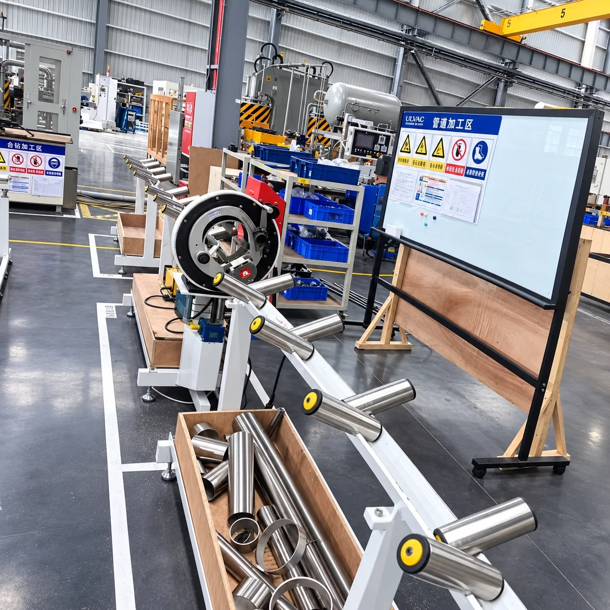 Planetary orbital pipe saw on a pipe prefabrication line with roller supports