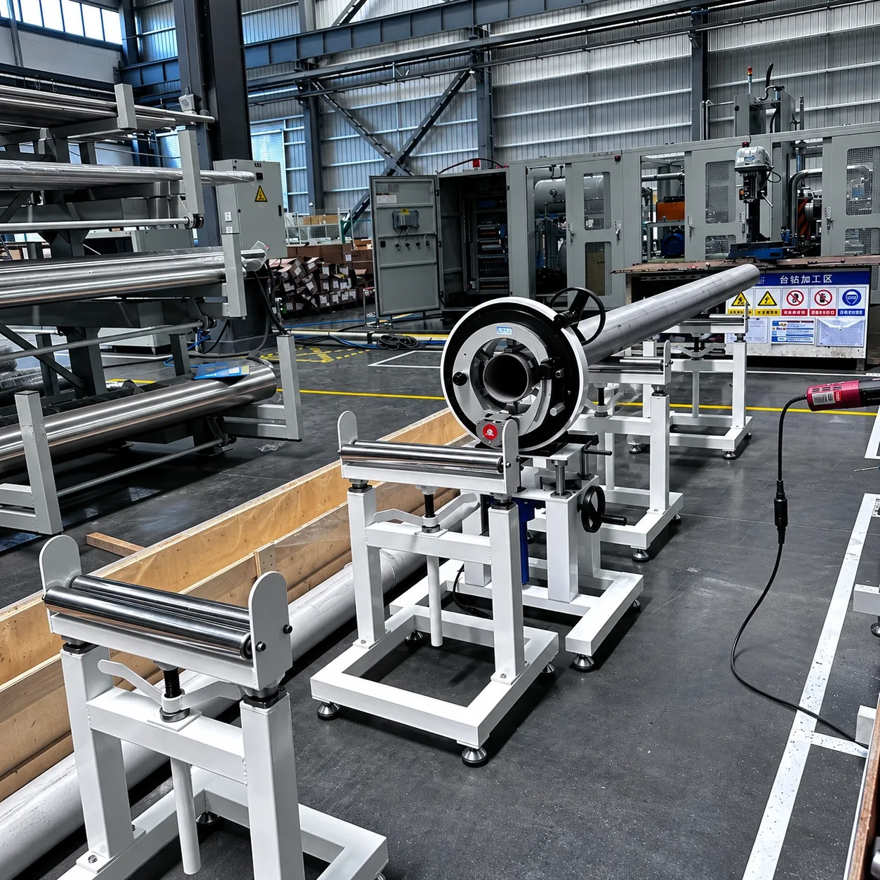 Planetary orbital pipe saw cutting long tube in a pipe shop, tube carried on roller stands