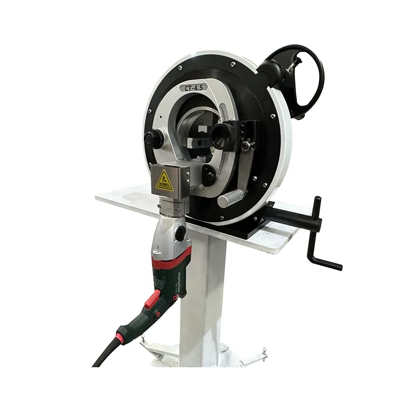 Compact CT-4.5 planetary orbital pipe saw on a pedestal stand
