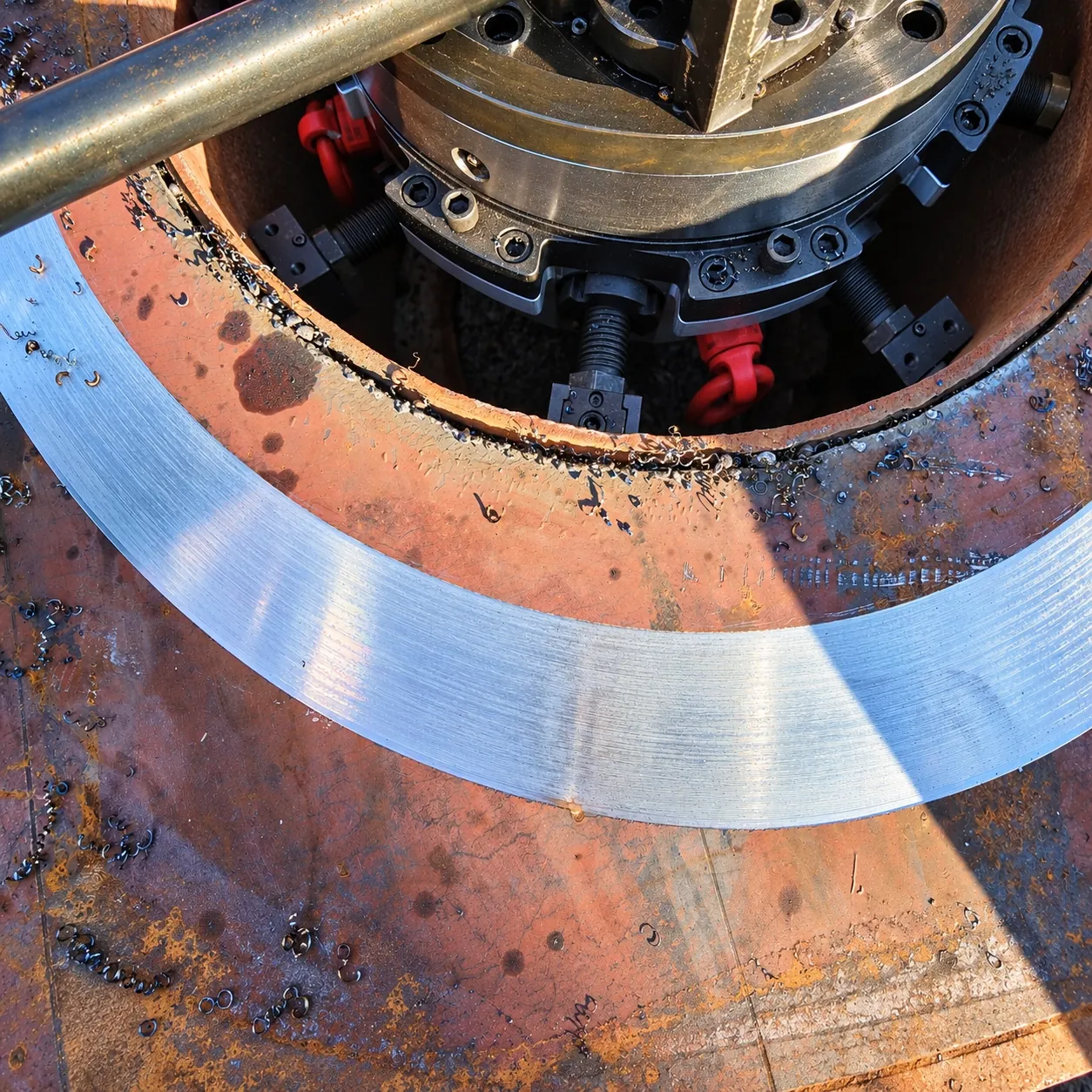 Close-up of a flange sealing face resurfaced on site with the portable flange facer