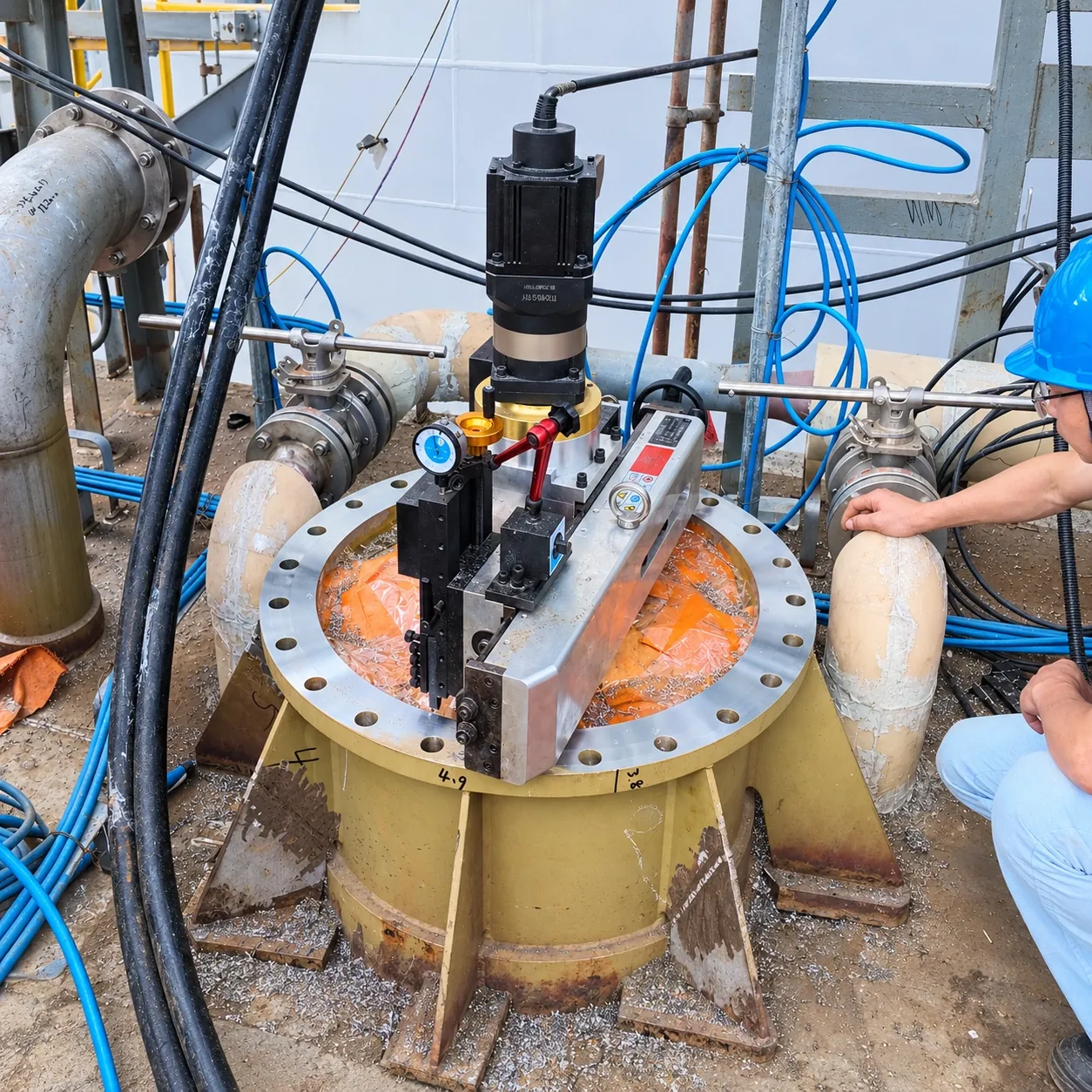 Operator resurfacing a vessel nozzle flange on site with the portable flange facer