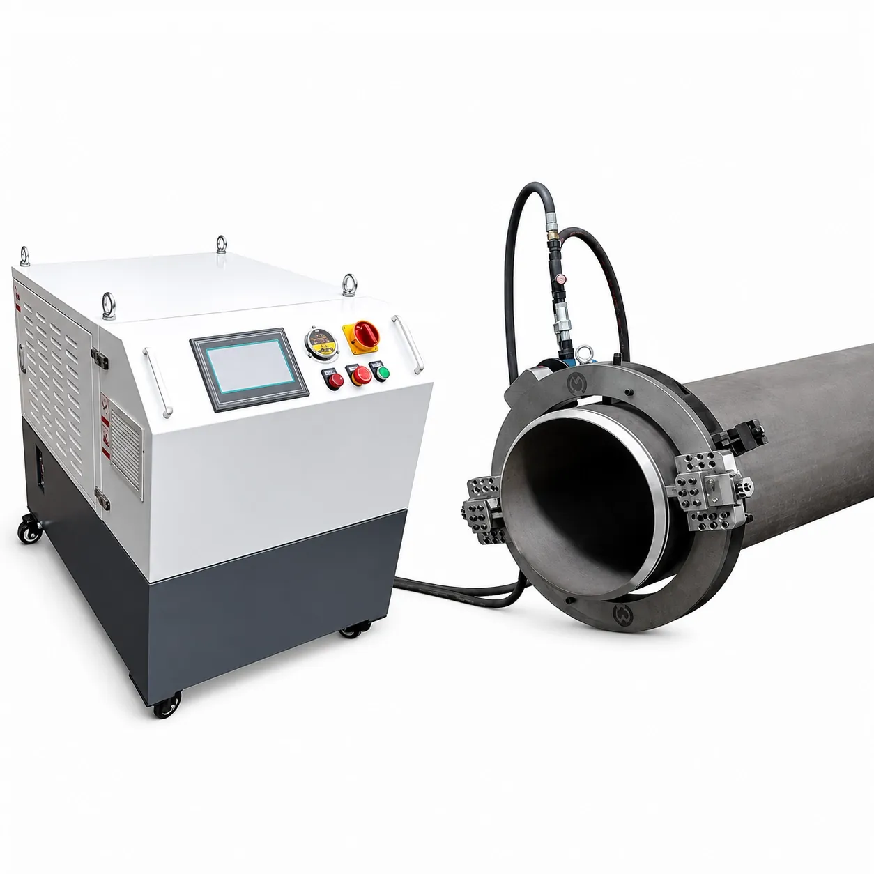 Split-frame clamshell clamped on large-diameter pipe with power-pack and PLC control