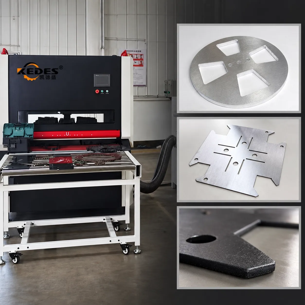 Deburring machine with conveyor infeed table, and laser-cut parts with deburred, edge-rounded edges