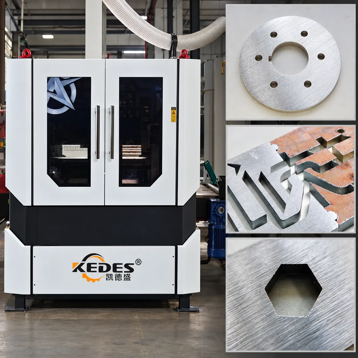Enclosed deburring machine, with deburred laser-cut sample parts