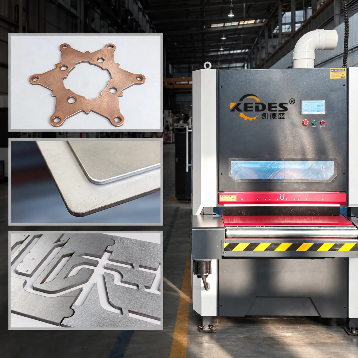 Deburring machine in a fabrication shop, with deburred copper and steel parts