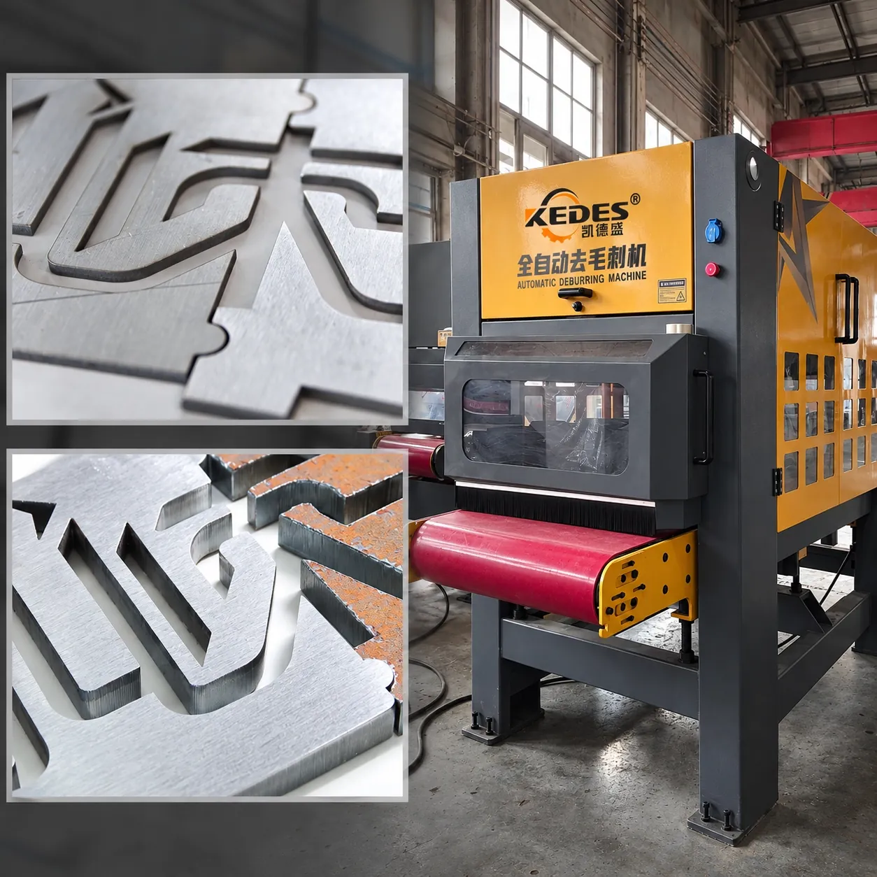 Fully automatic deburring line with belt conveyor, and laser-cut parts before and after deburring